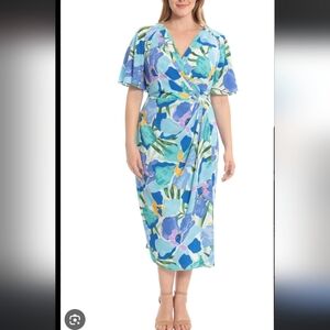 Maggy London Floral Maxi Dress Flutter sleeve Blue 14 Plus